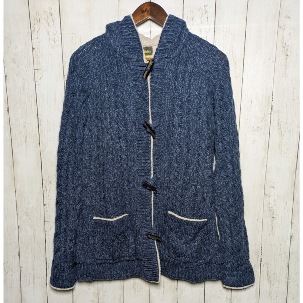 Cabela’s Blue Cable Knit Toggle Hoodie Jacket Womens Size M Cozy Sherpa Lined
